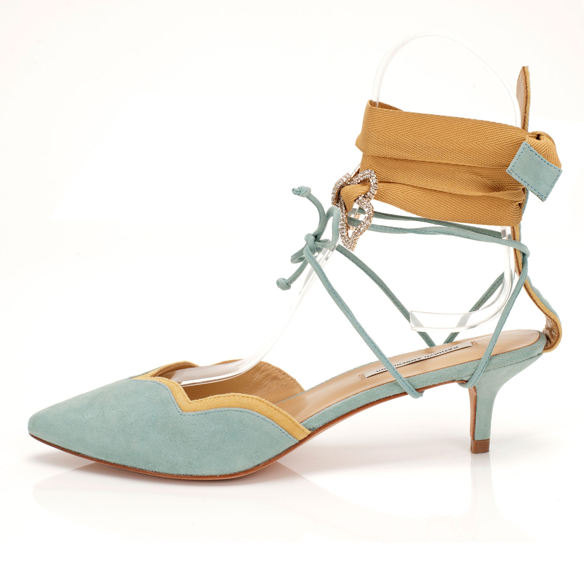 K659 suede heels; sky + yellow