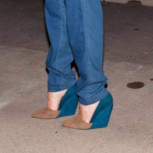 K613 suede and snake heels; mocha + blue