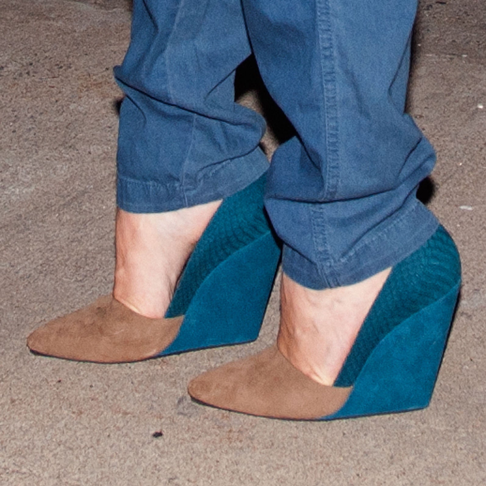 K613 suede and snake heels; mocha + blue