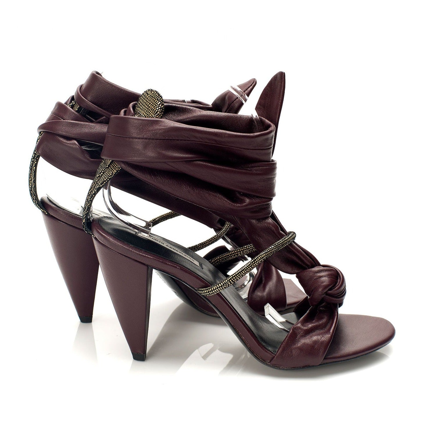 K738 leather heels; plum and tan lizard