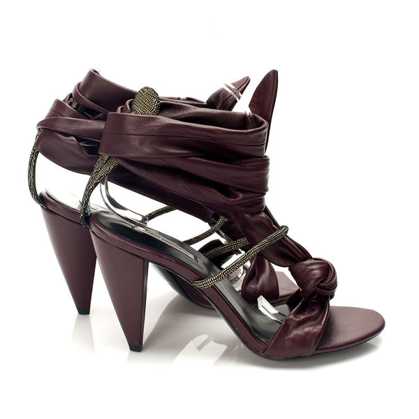 K738 leather heels; plum and tan lizard