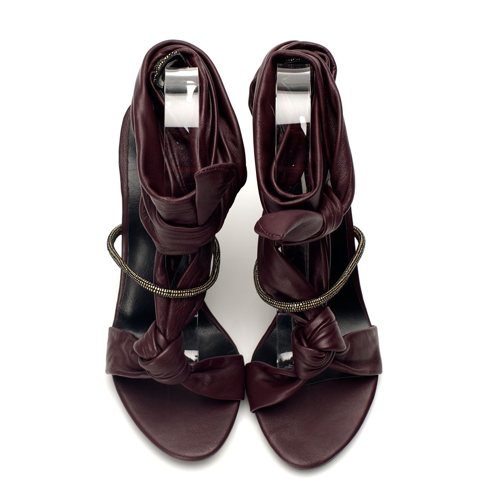K738 leather heels; plum and tan lizard