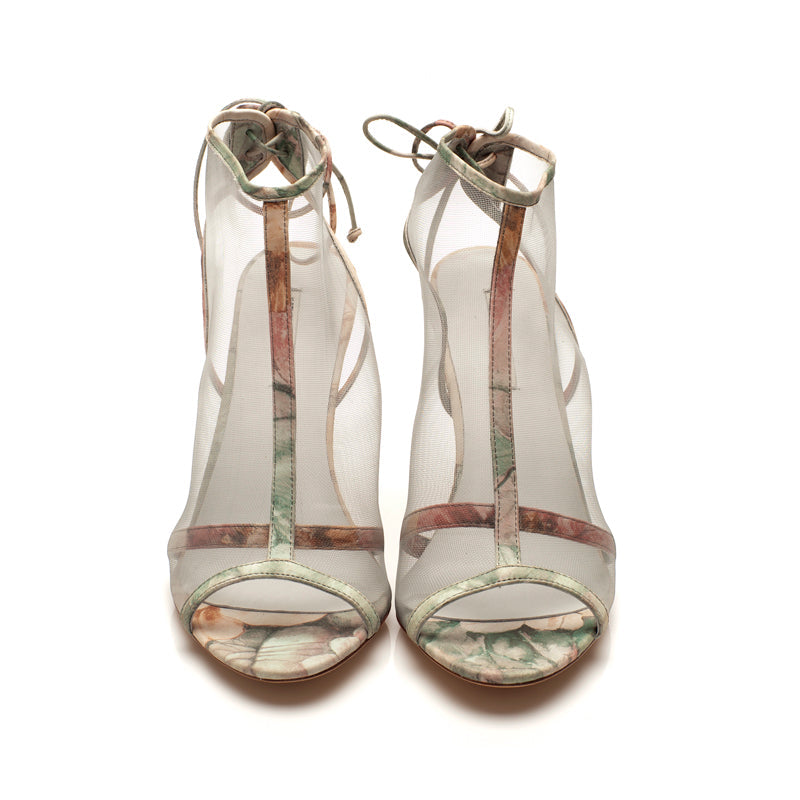 J016 net and leather heels; pastel flower