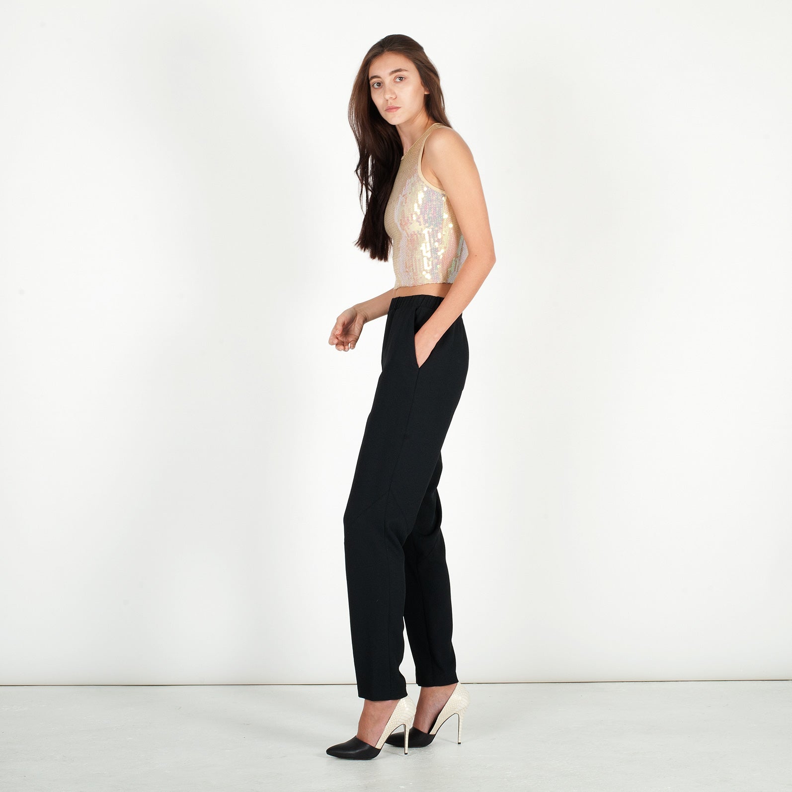 K613 leather heels; midnight and cream