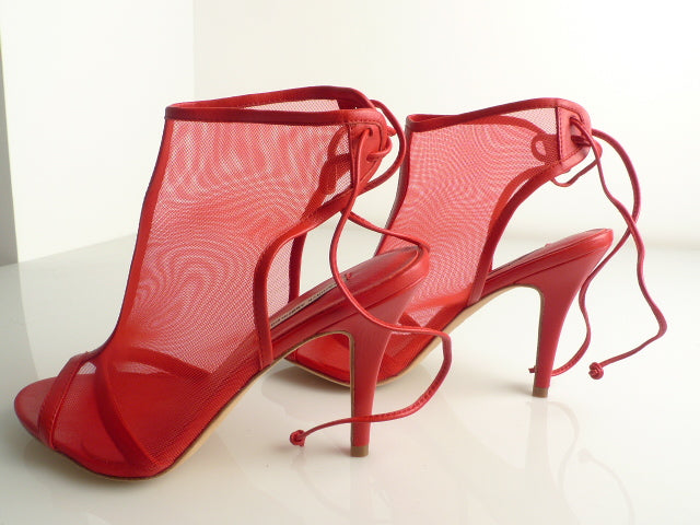 J016 net and leather heels; elec cherry