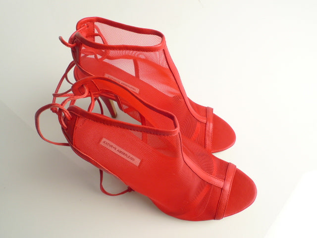 J016 net and leather heels; elec cherry