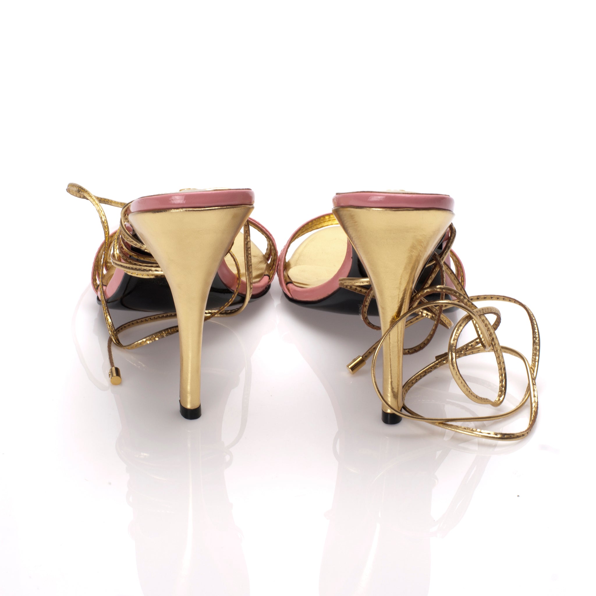 3071 patent leather heels; pink and gold