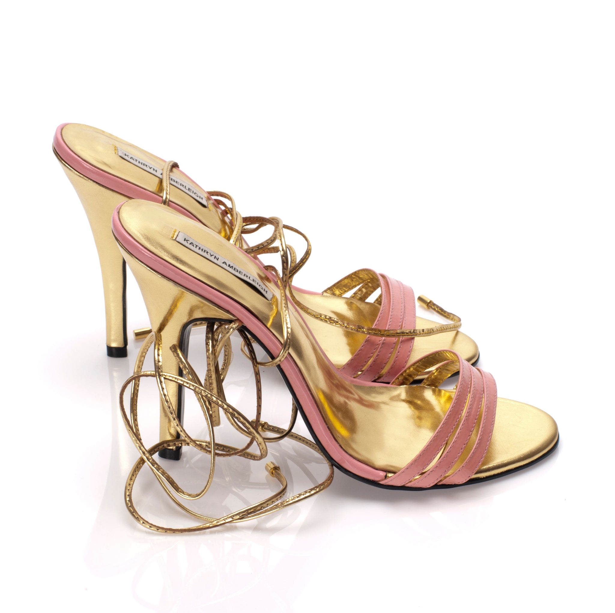 3071 patent leather heels; pink and gold