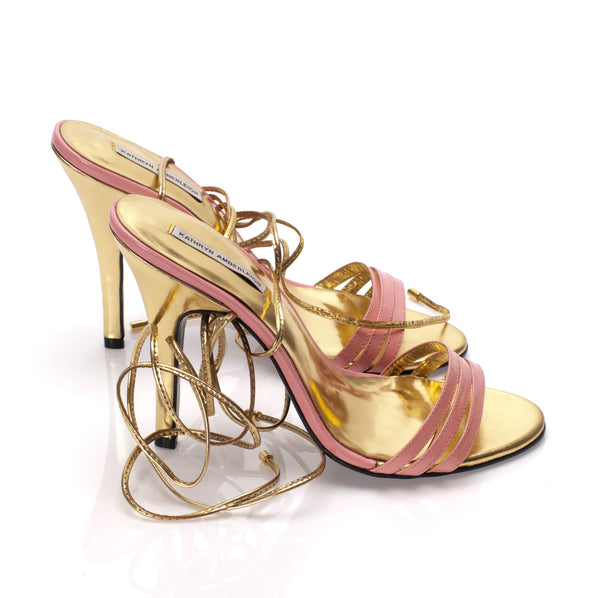 3071 patent leather heels; pink and gold