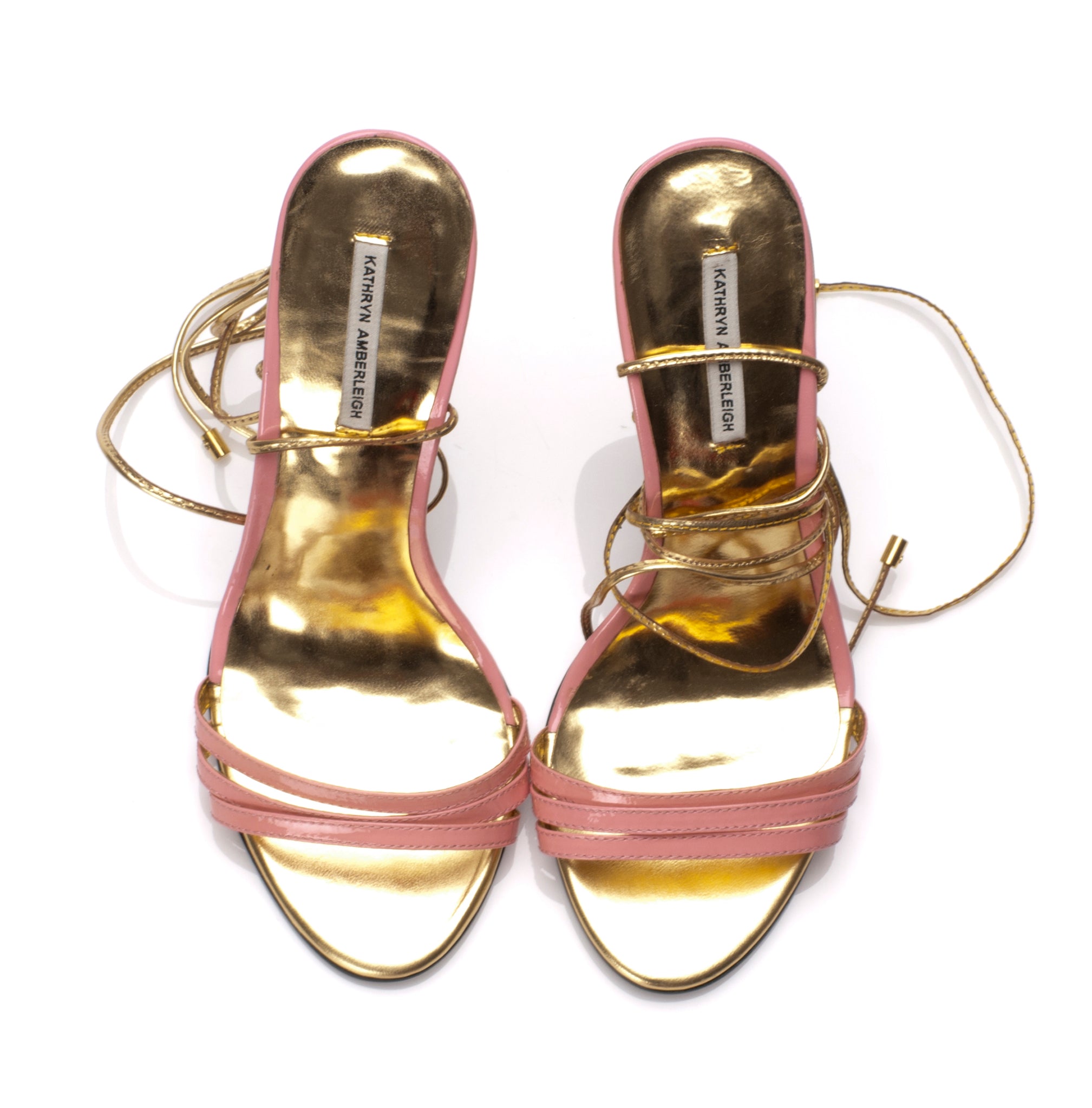 3071 patent leather heels; pink and gold