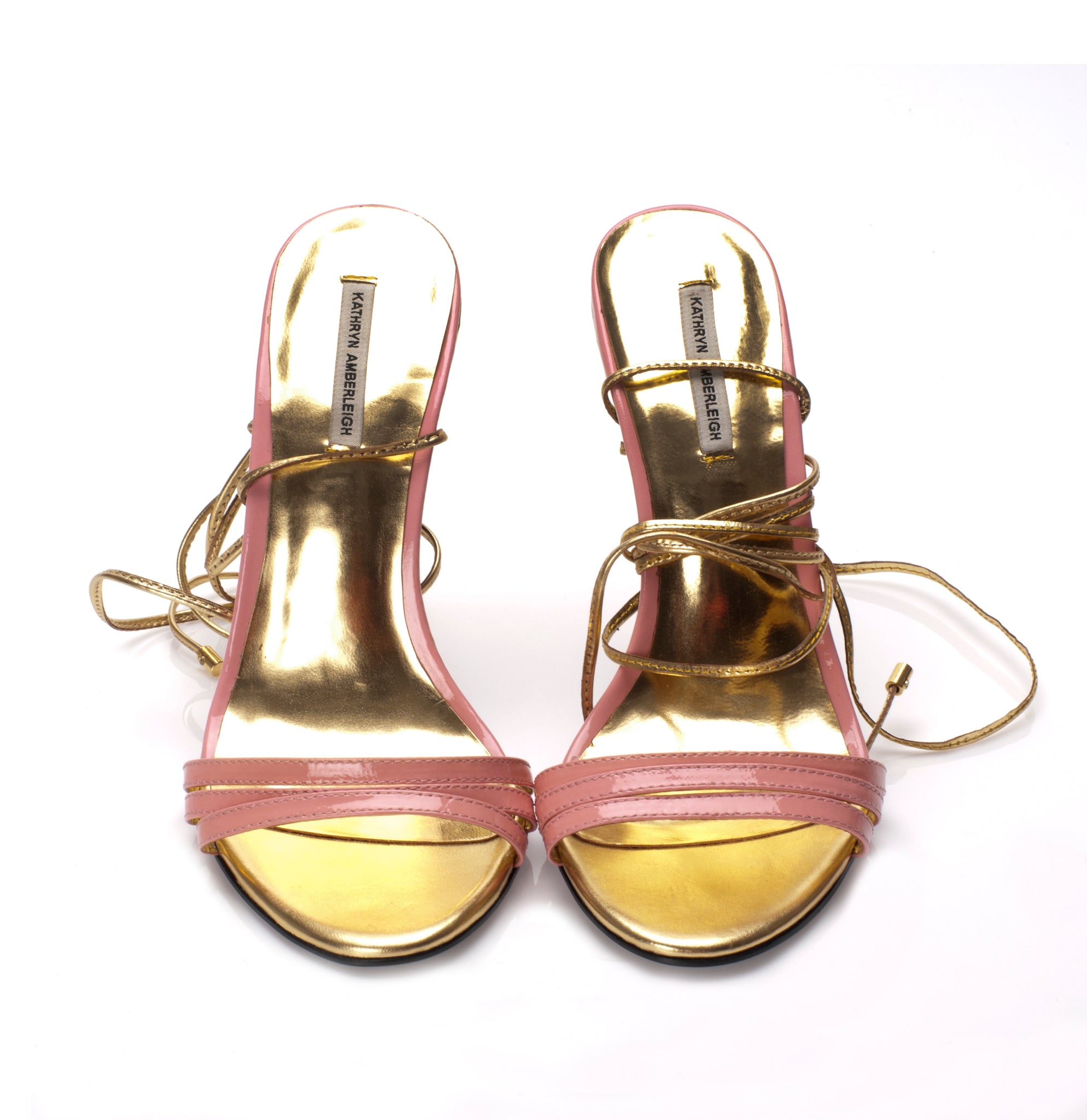 3071 patent leather heels; pink and gold