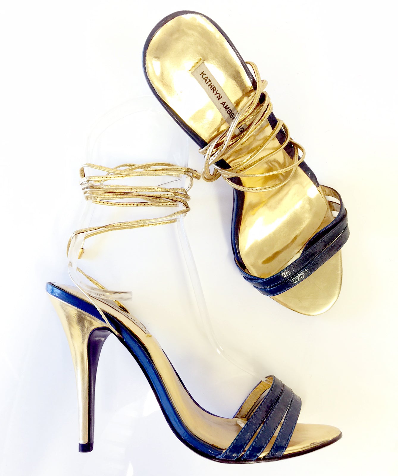 3071 patent leather heels; blue and gold