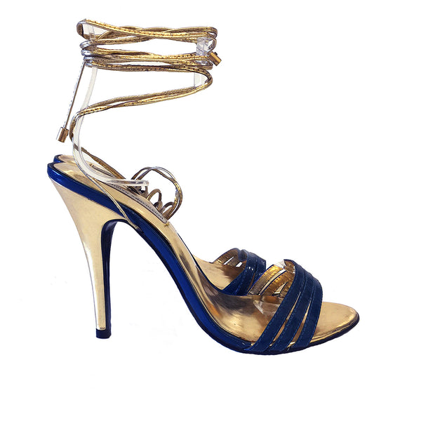 3071 patent leather heels; blue and gold