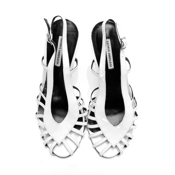 3072 leather heels; white patent