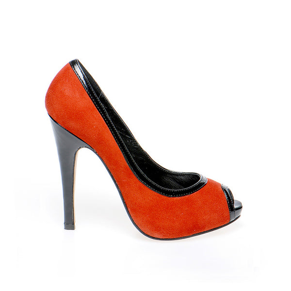 3081 suede heels; red and black
