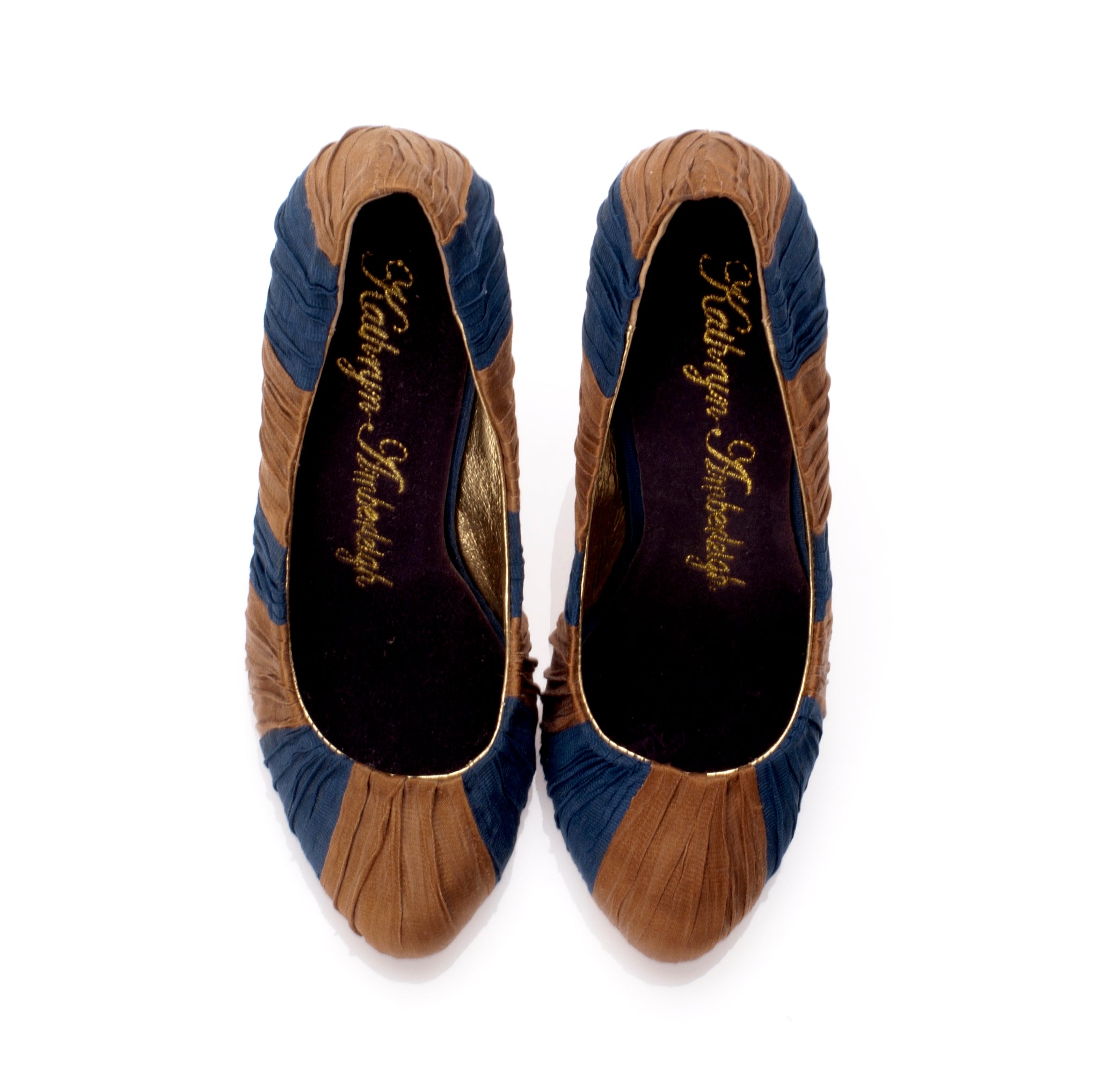 3082 silk heels; cocoa and navy