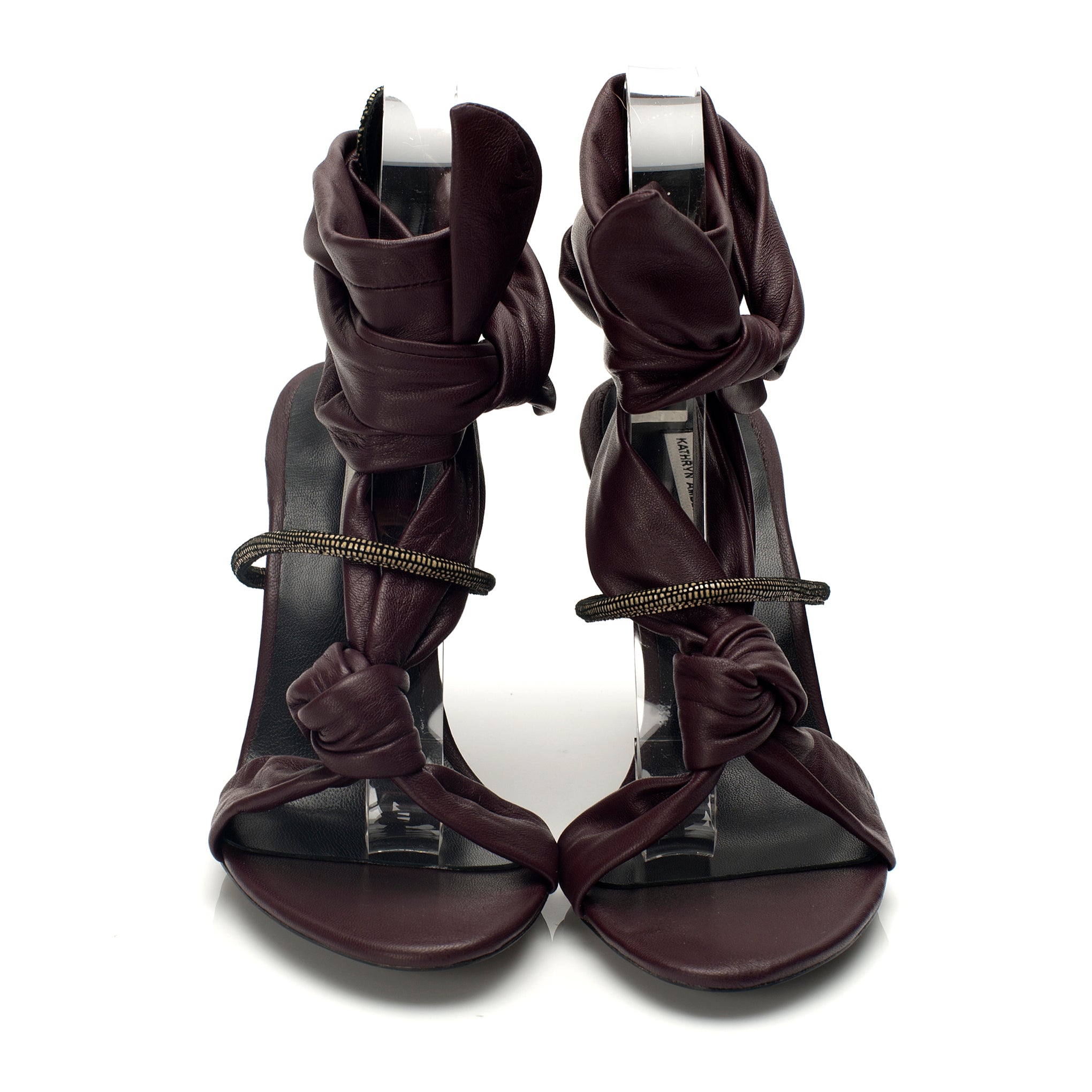 K738 leather heels; plum and tan lizard
