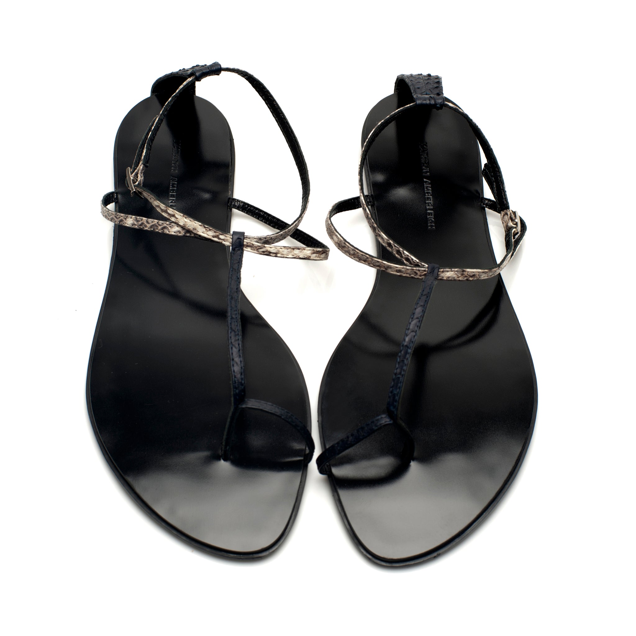 3019 snakeskin sandals; navy and white python