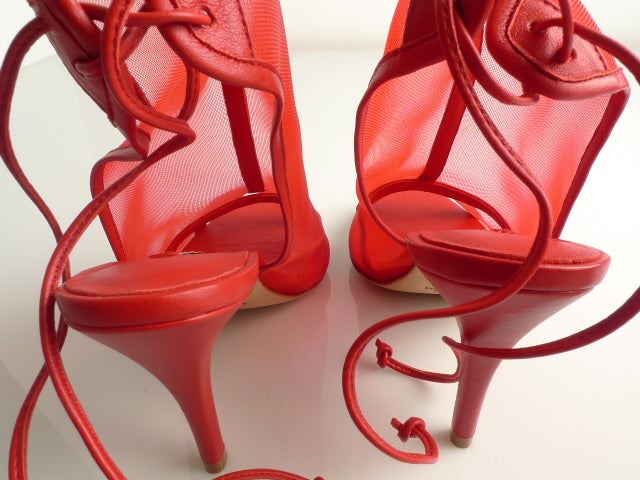 J016 net and leather heels; elec cherry