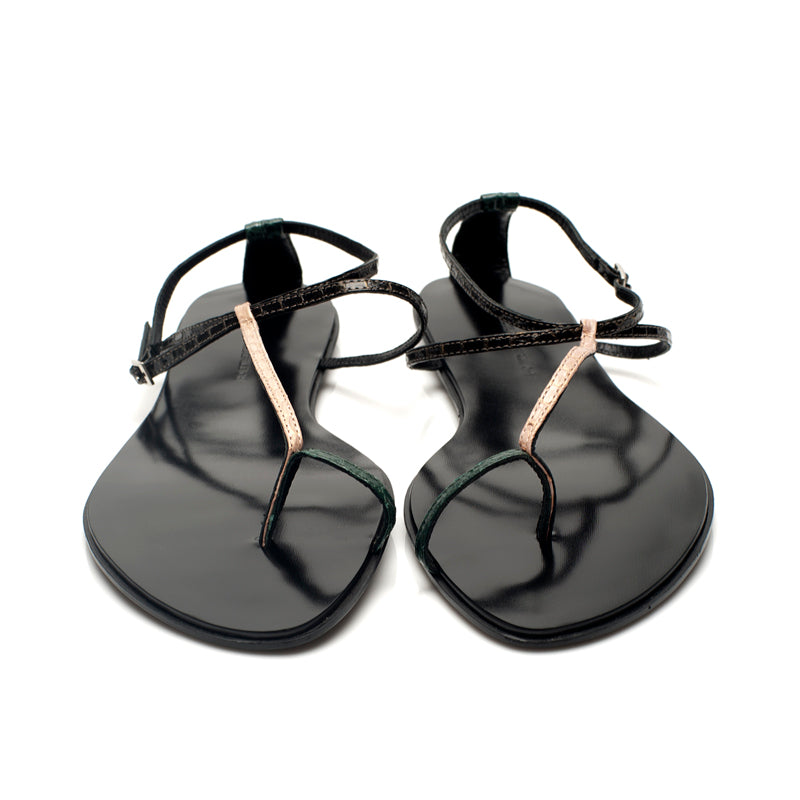 3019 snakeskin sandals; peach and green