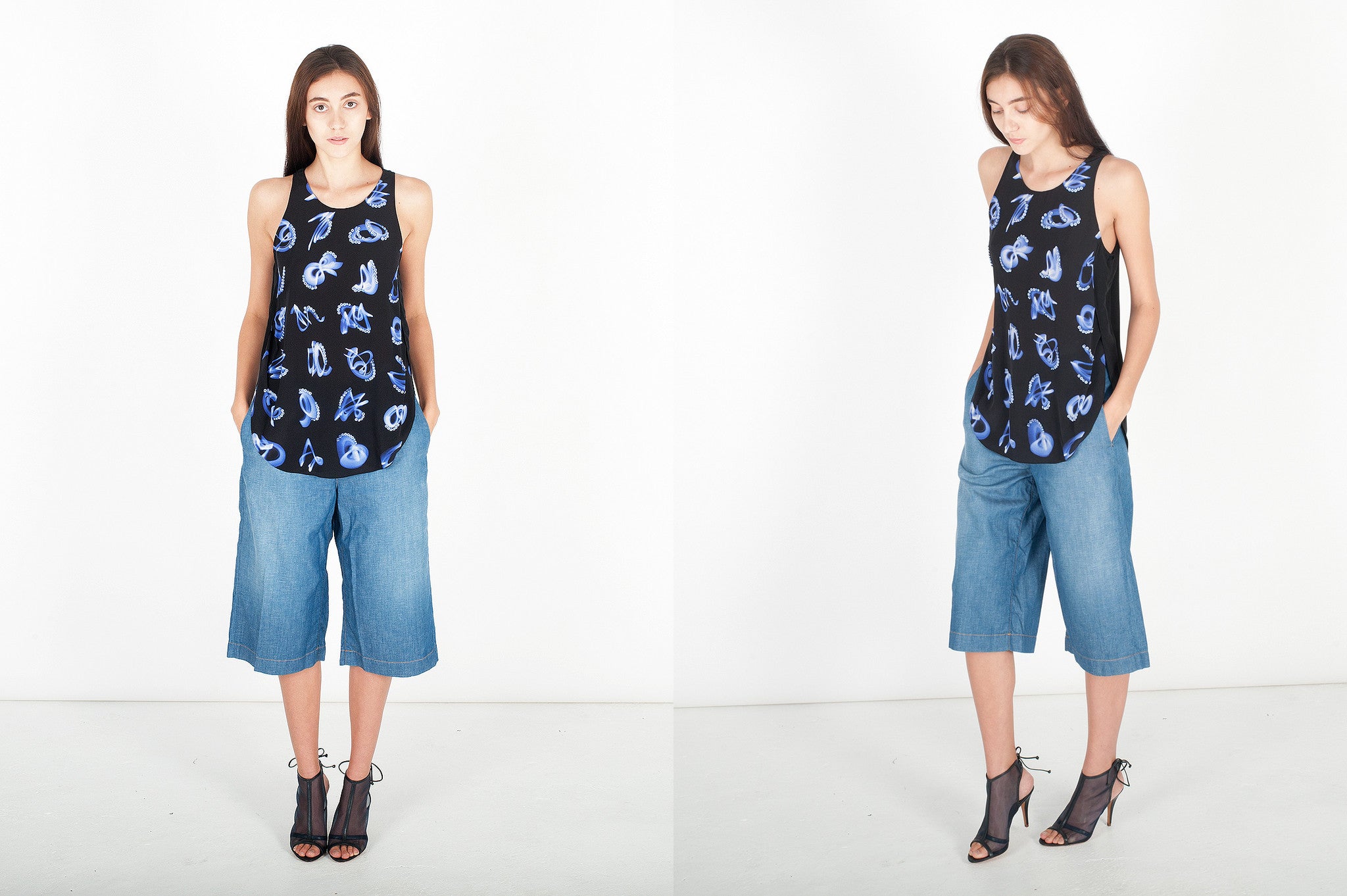 J016 net and leather heels; midnight