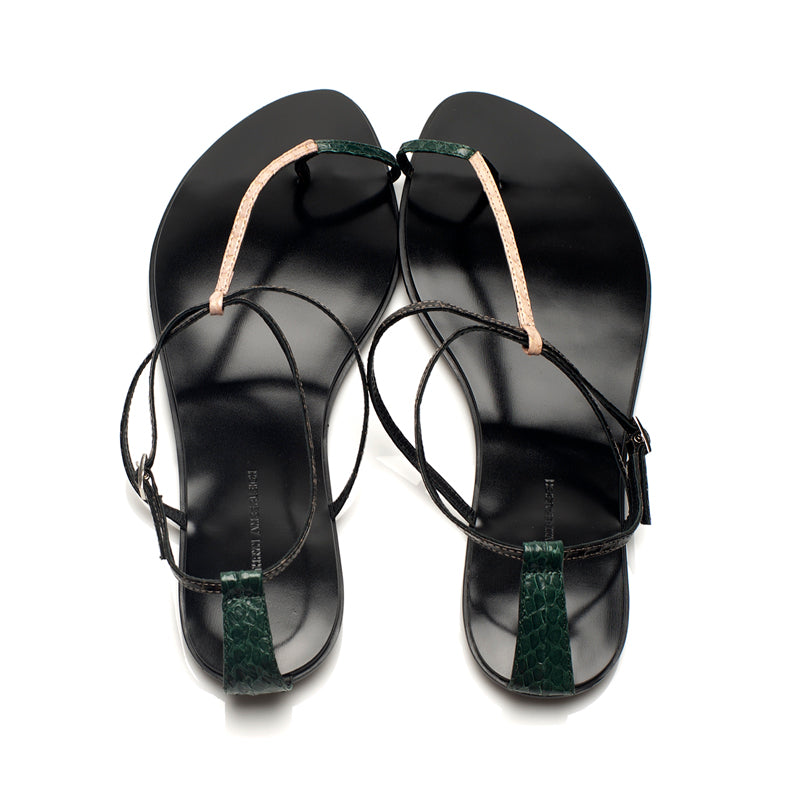 3019 snakeskin sandals; peach and green