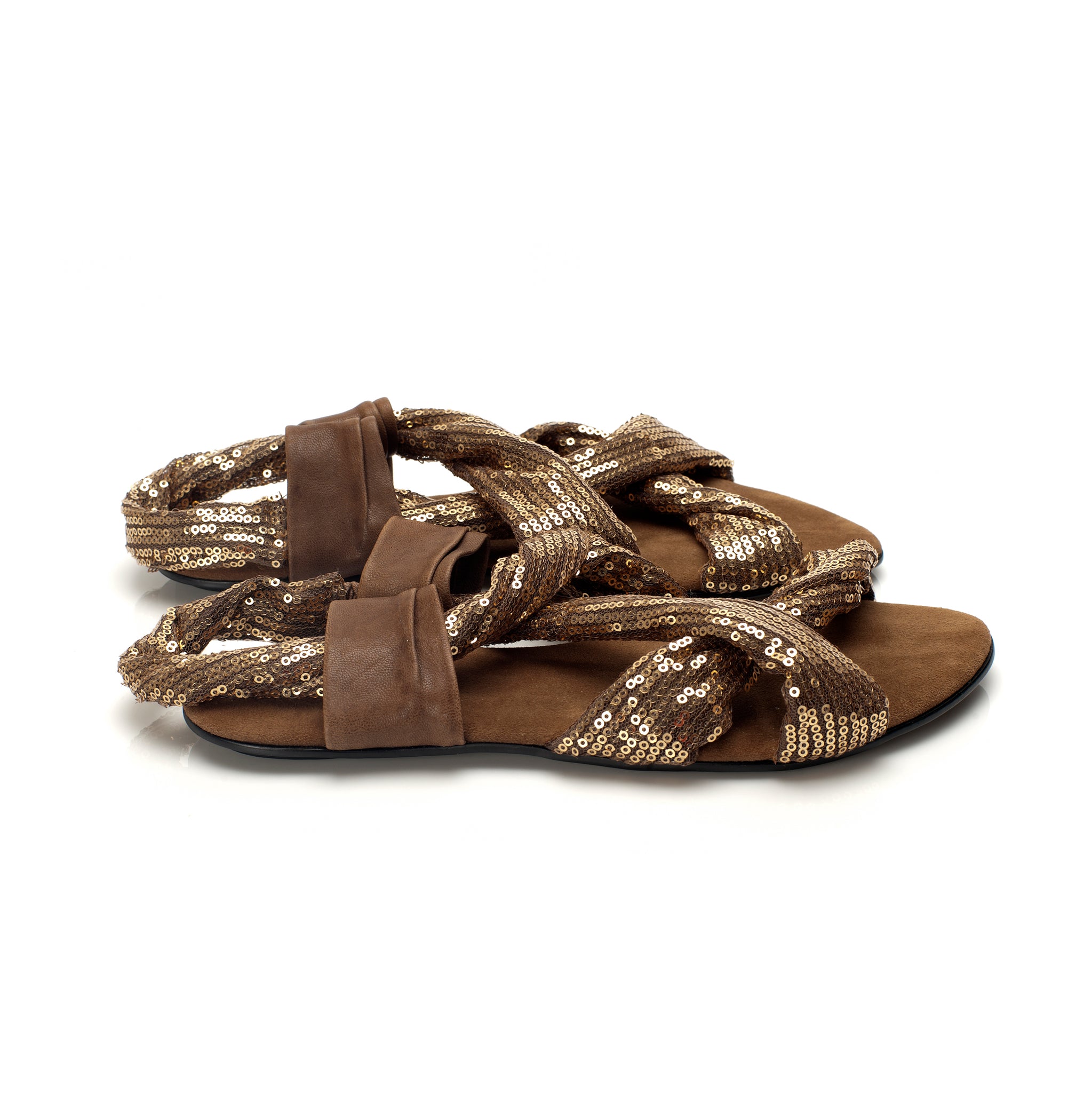 7903 sequin and leather slides; gold and toffee