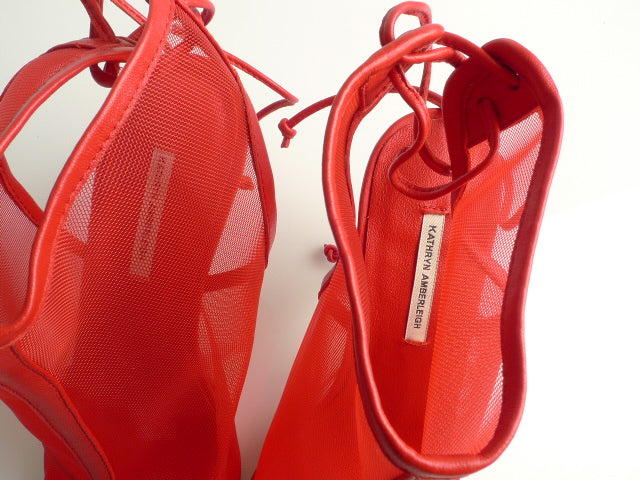 J016 net and leather heels; elec cherry
