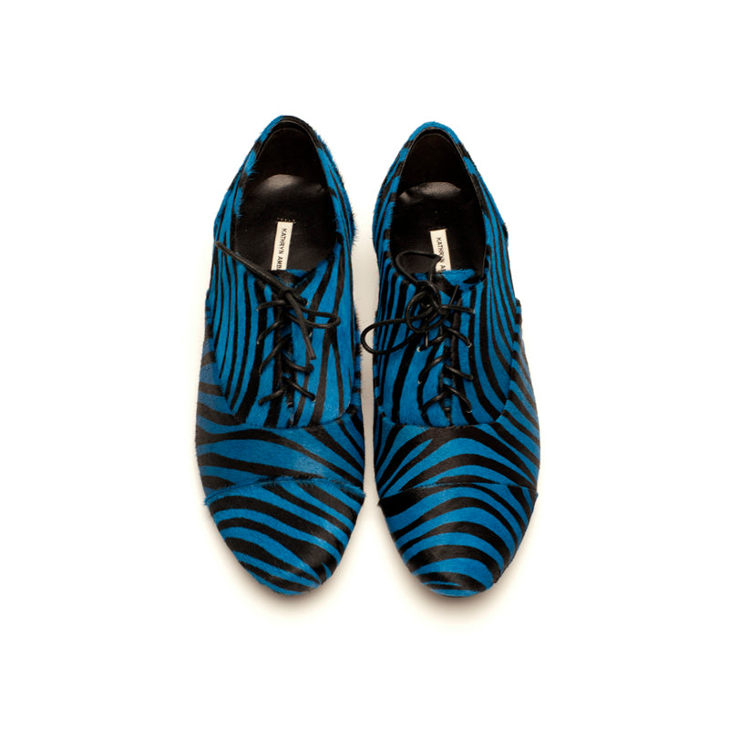 J544 pony hair loafers; blue zebra