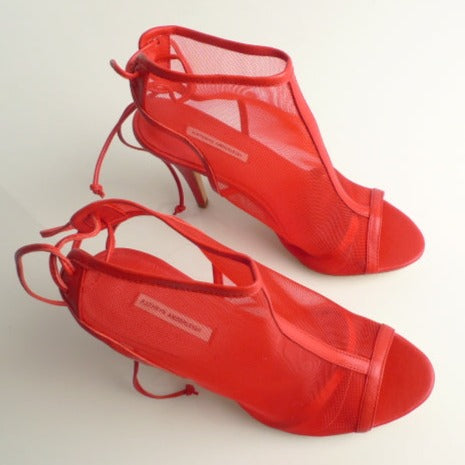 J016 net and leather heels; elec cherry