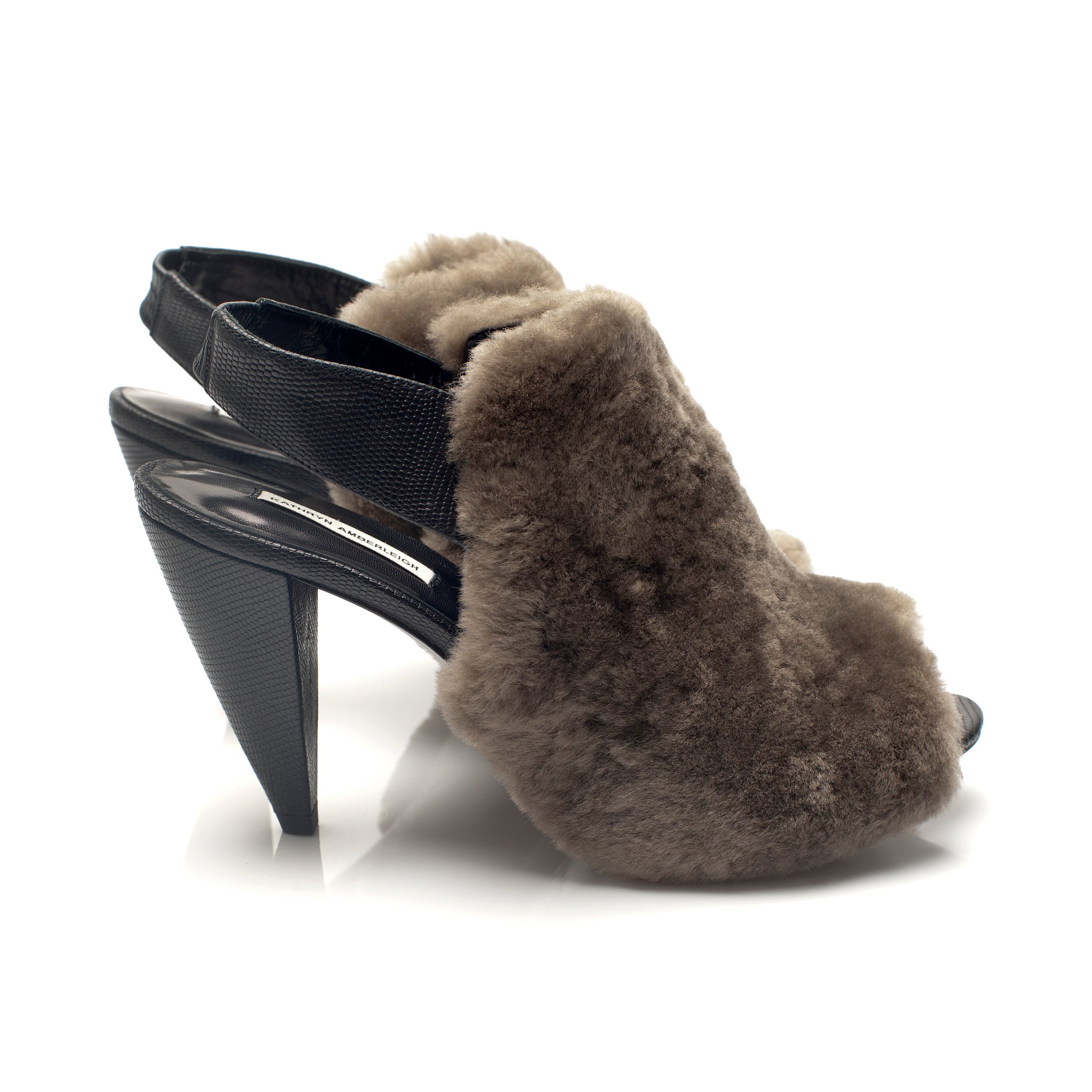 K605 fur slingbacks; khaki and black lizard