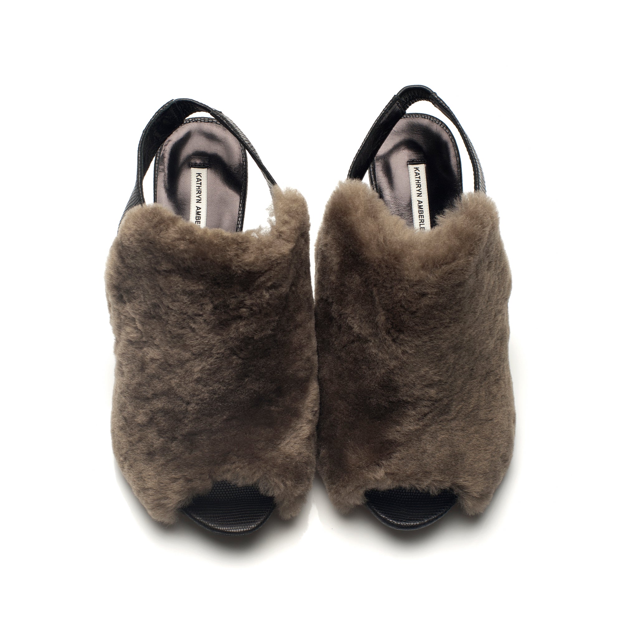 K605 fur slingbacks; khaki and black lizard