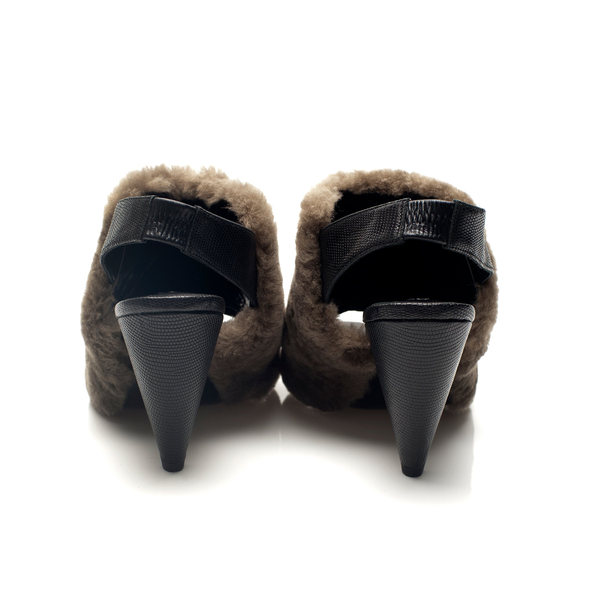 K605 fur slingbacks; khaki and black lizard