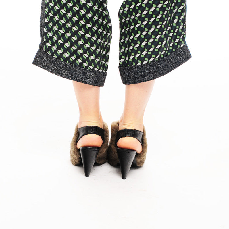 K605 fur slingbacks; khaki and black lizard