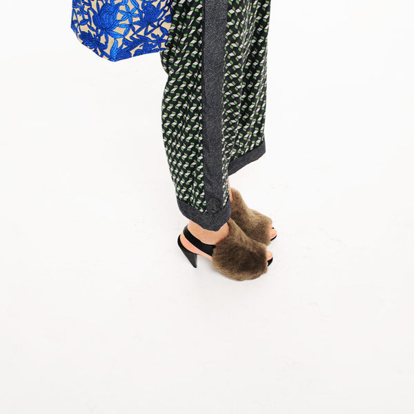 K605 fur slingbacks; khaki and black lizard