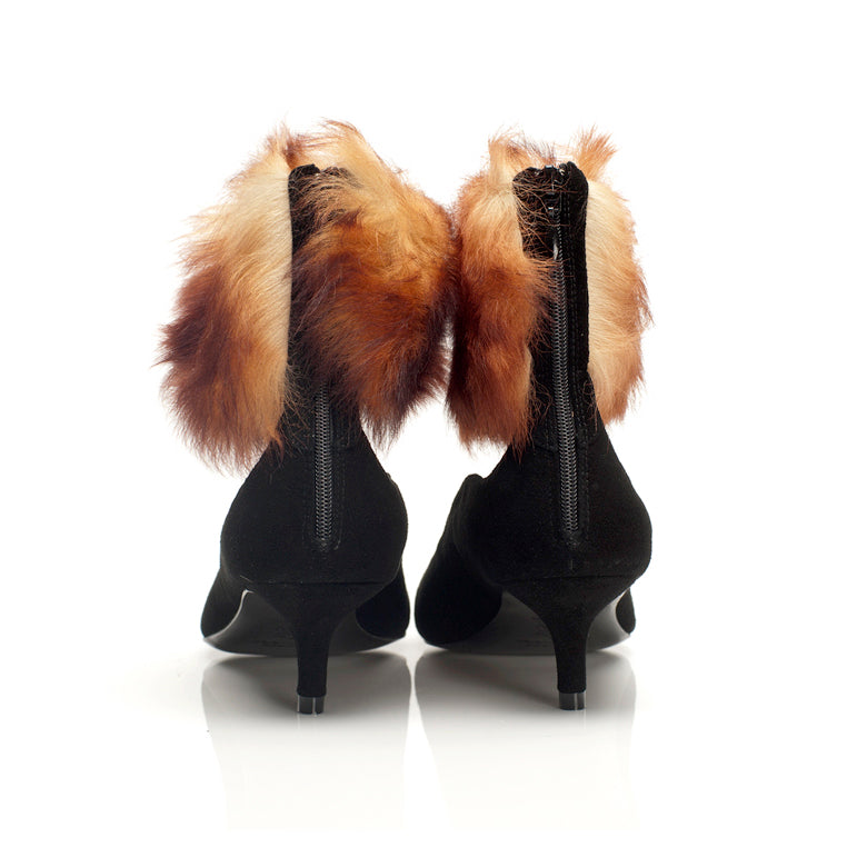 K616 fur and suede pumps; orange and black