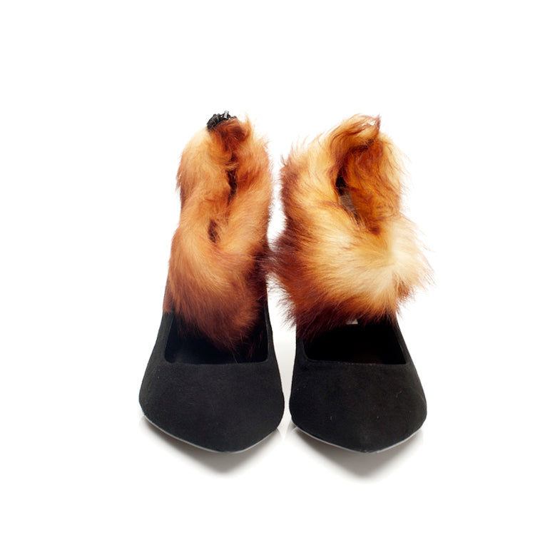 K616 fur and suede pumps; orange and black