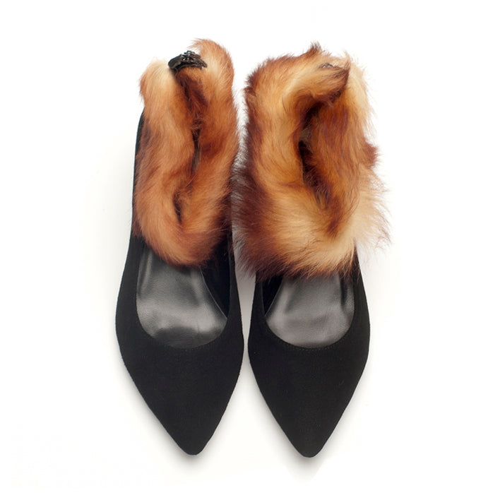 K616 fur and suede pumps; orange and black