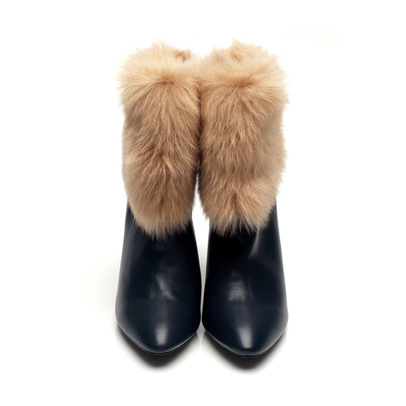 K617 leather boots; navy and tan toscana