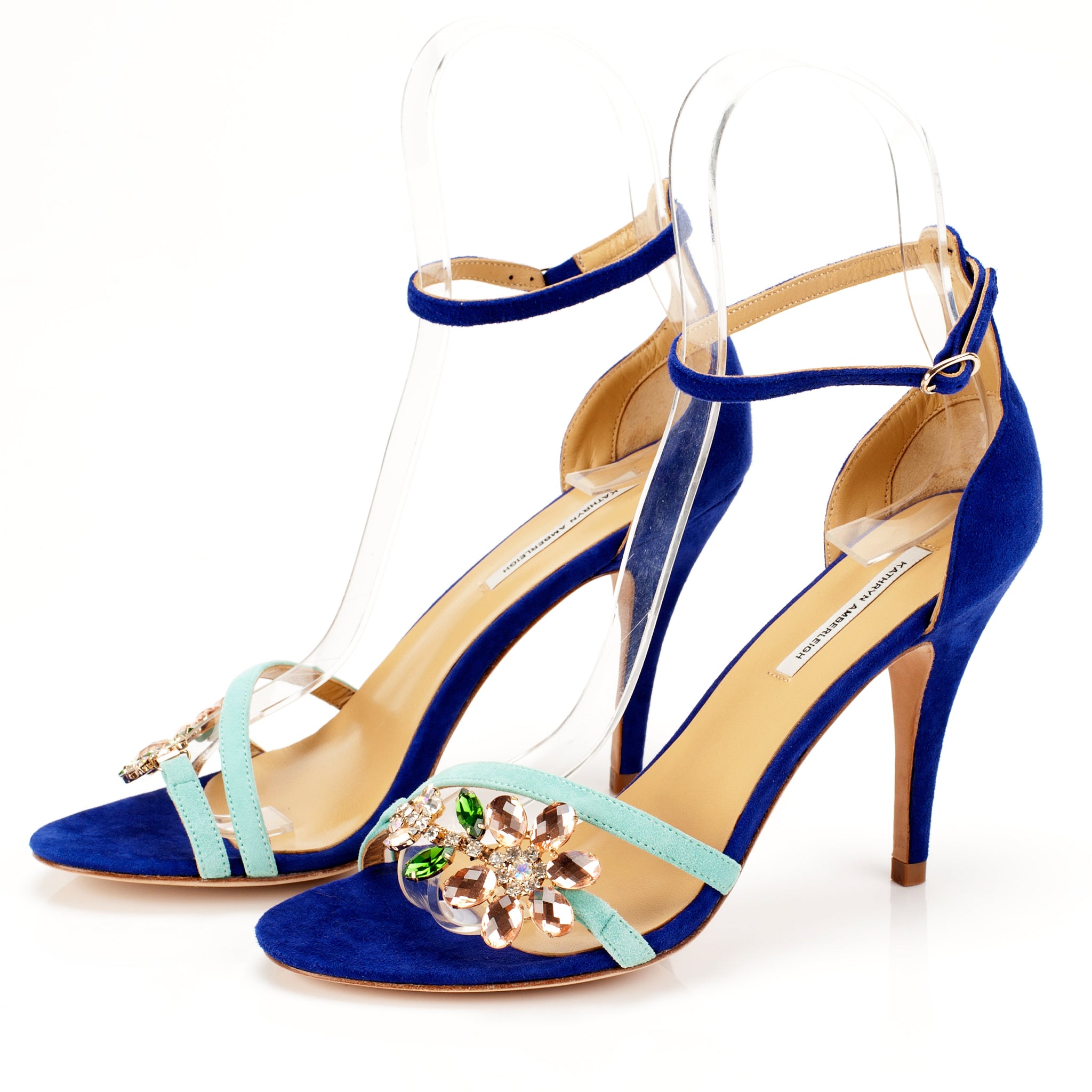 K651 suede heels; marine and mint