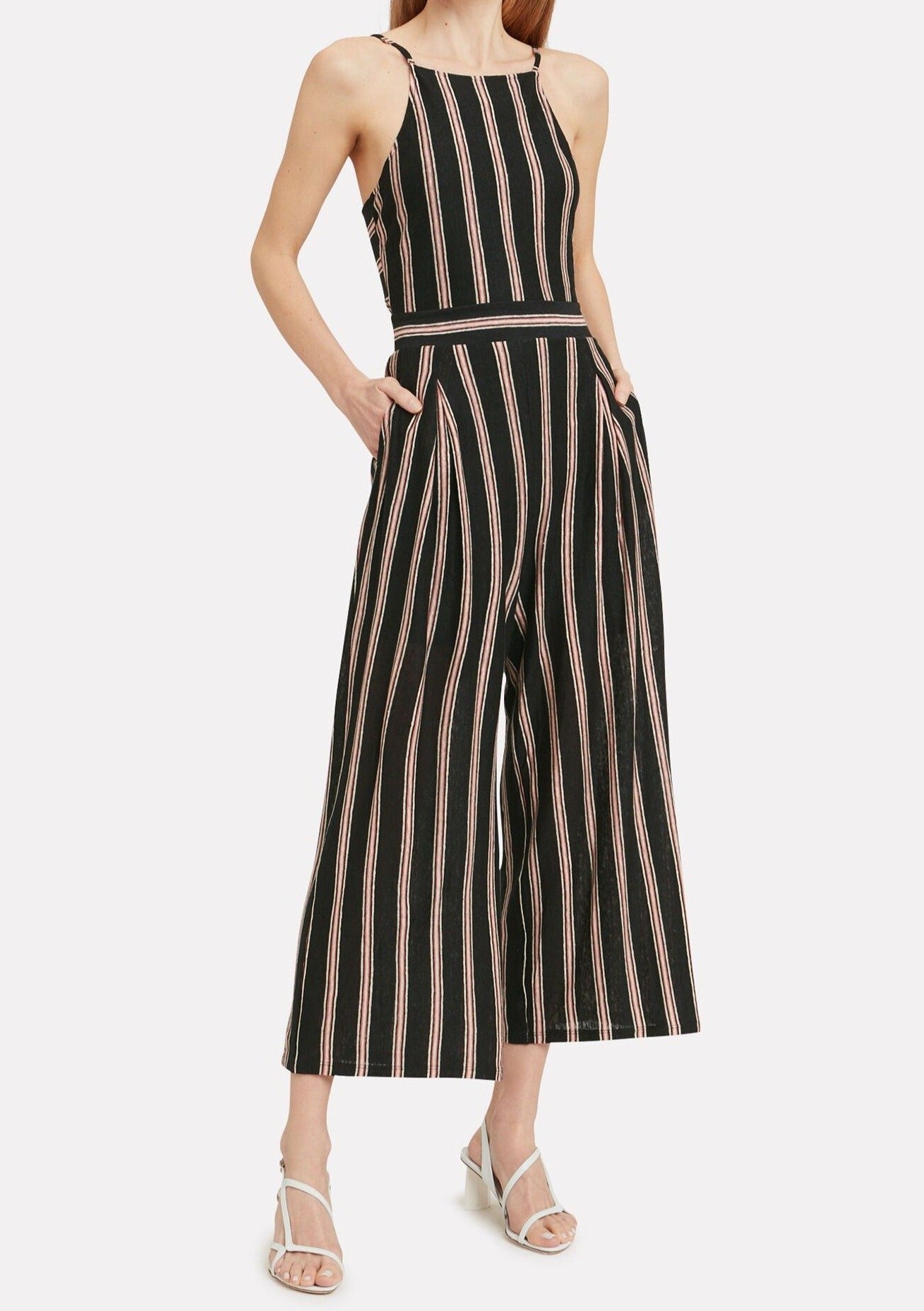 JOIE : STRIPED LINEN JUMPSUIT, BLACK MULTI
