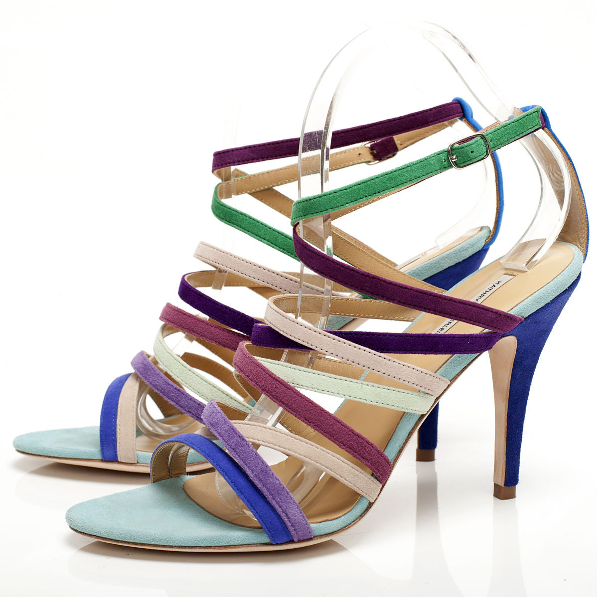 K411 suede heels; sky multi