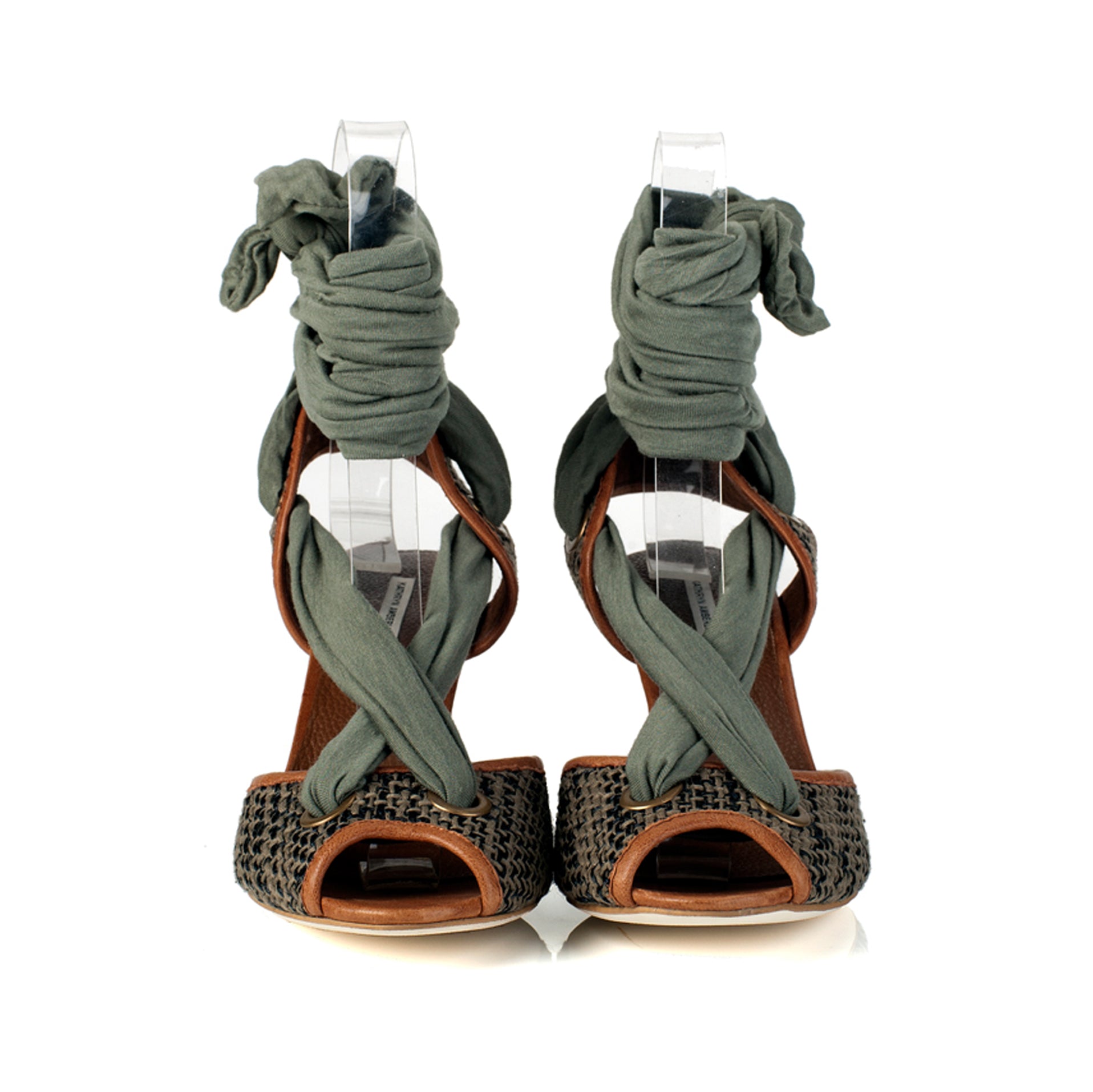 K425 jute and leather heels; oak and myrtle