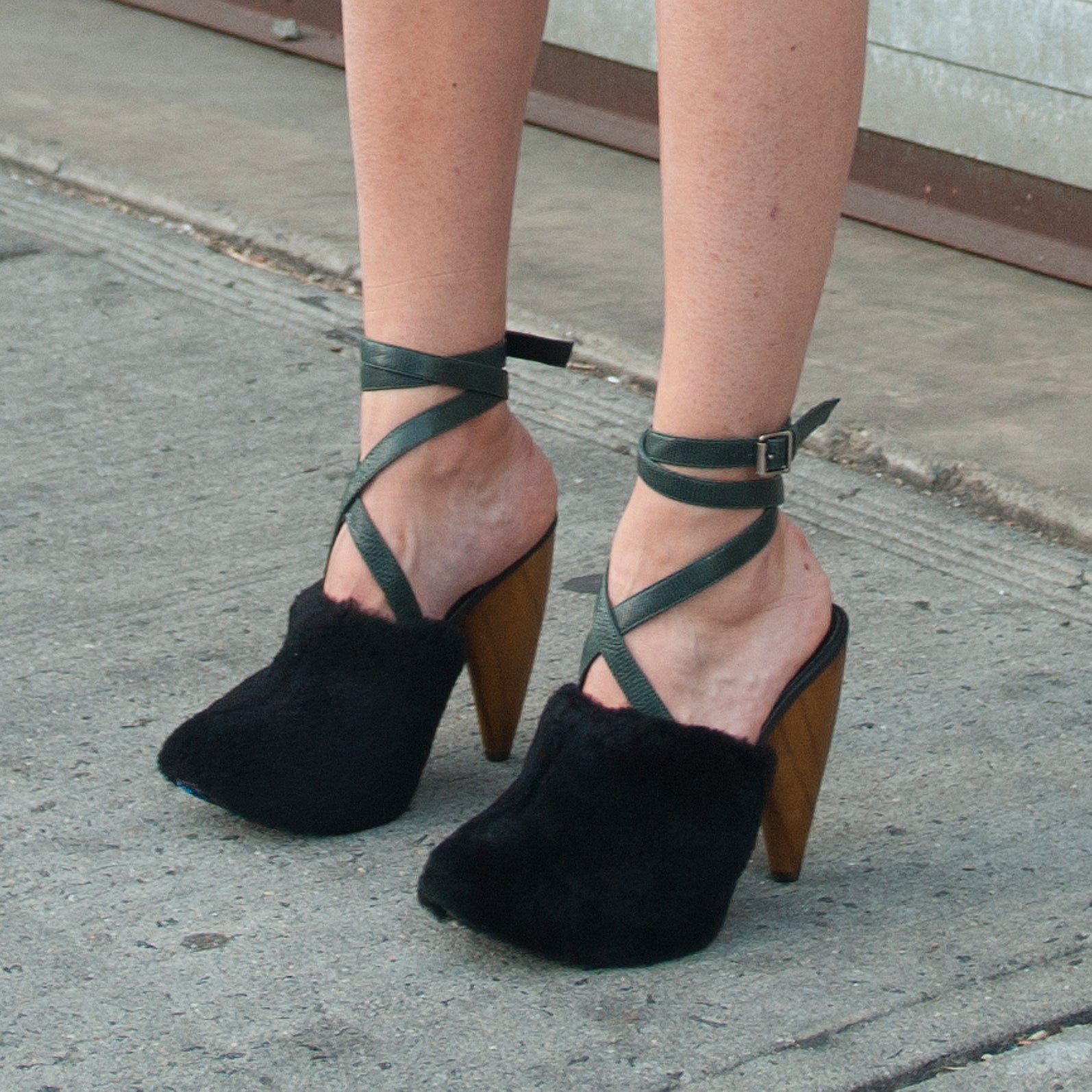 K608 fur heels; black and green lizard