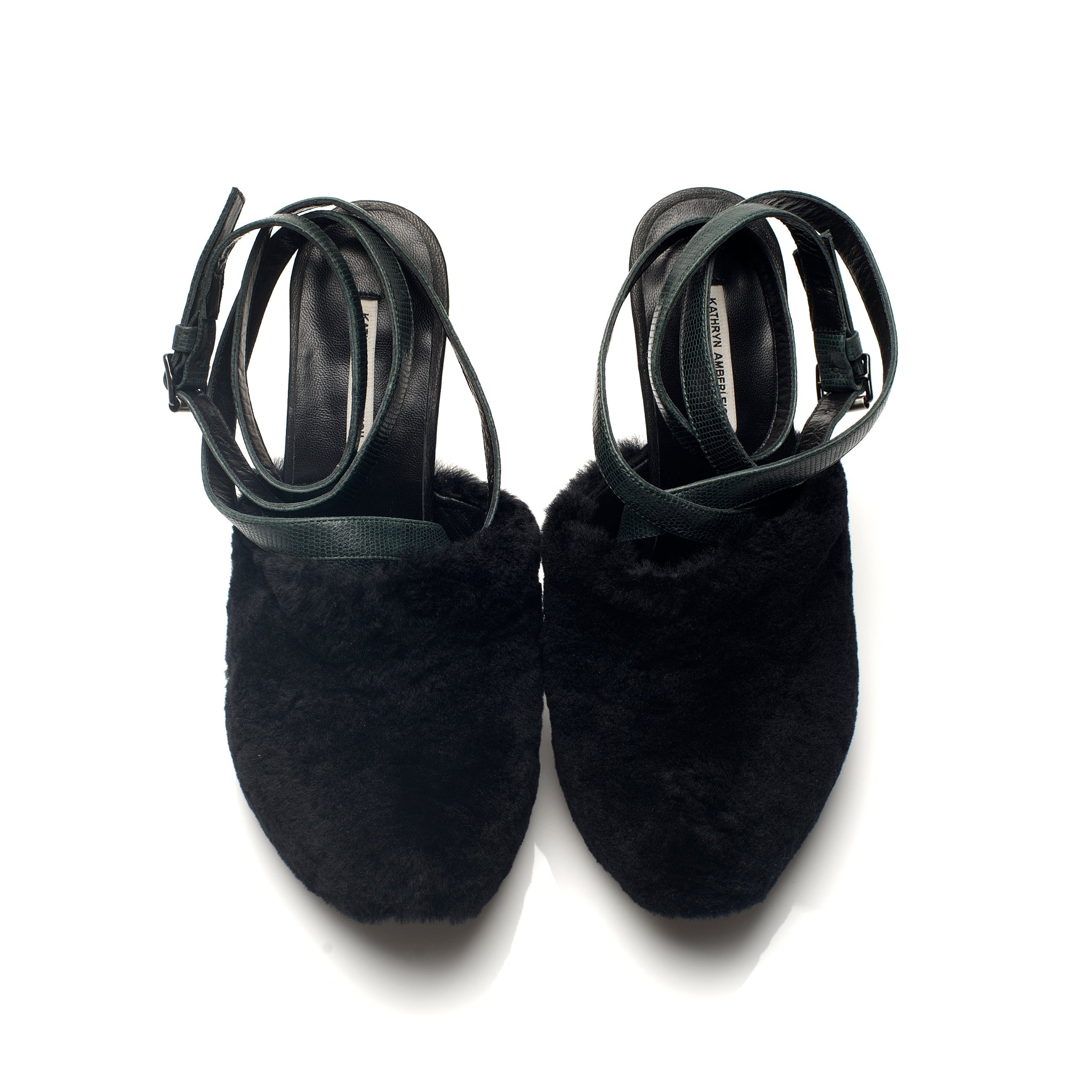 K608 fur heels; black and green lizard