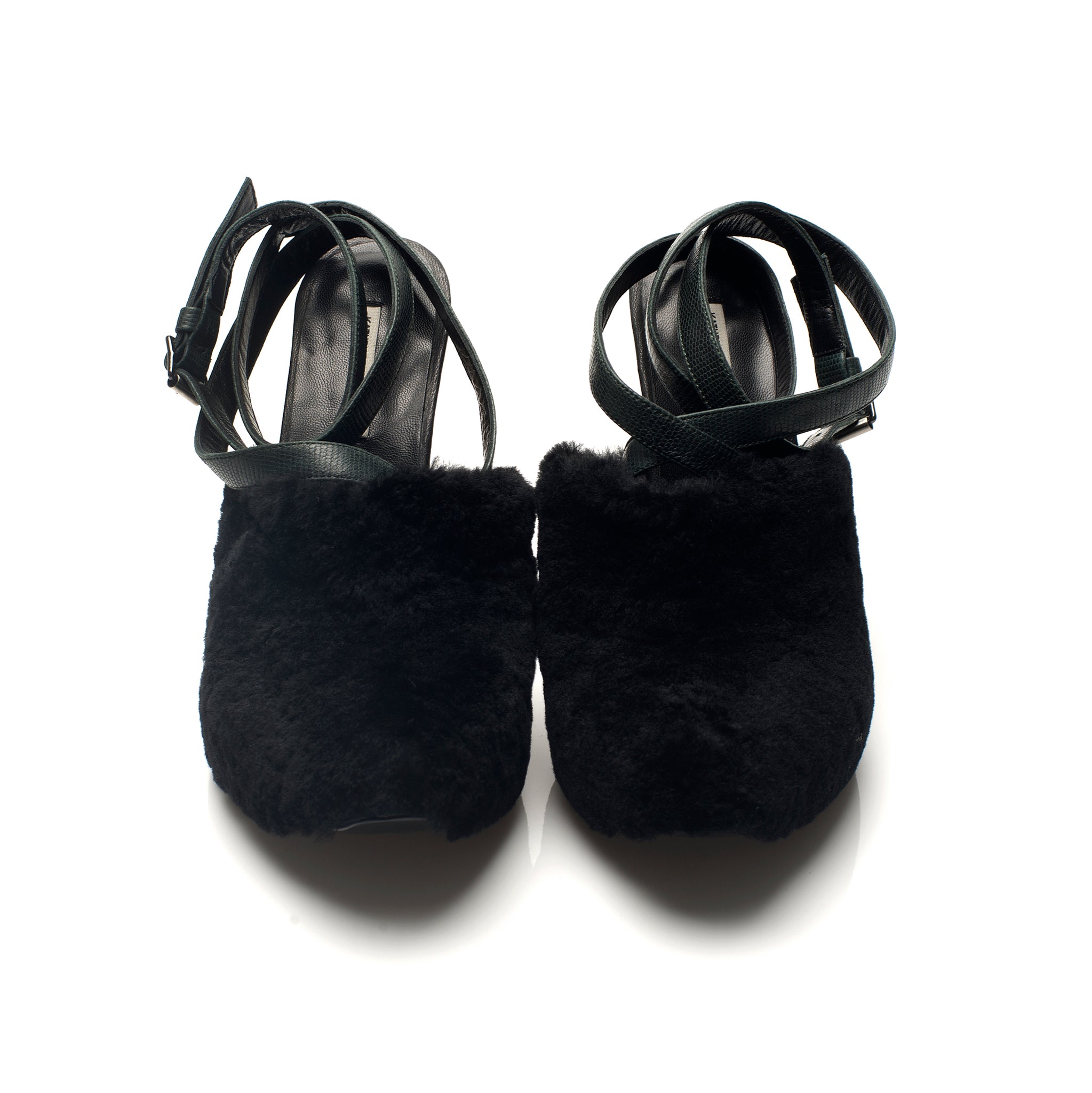K608 fur heels; black and green lizard