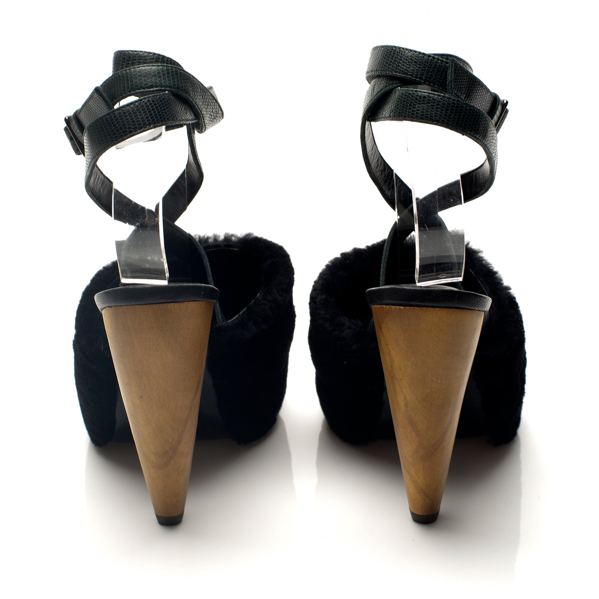 K608 fur heels; black and green lizard