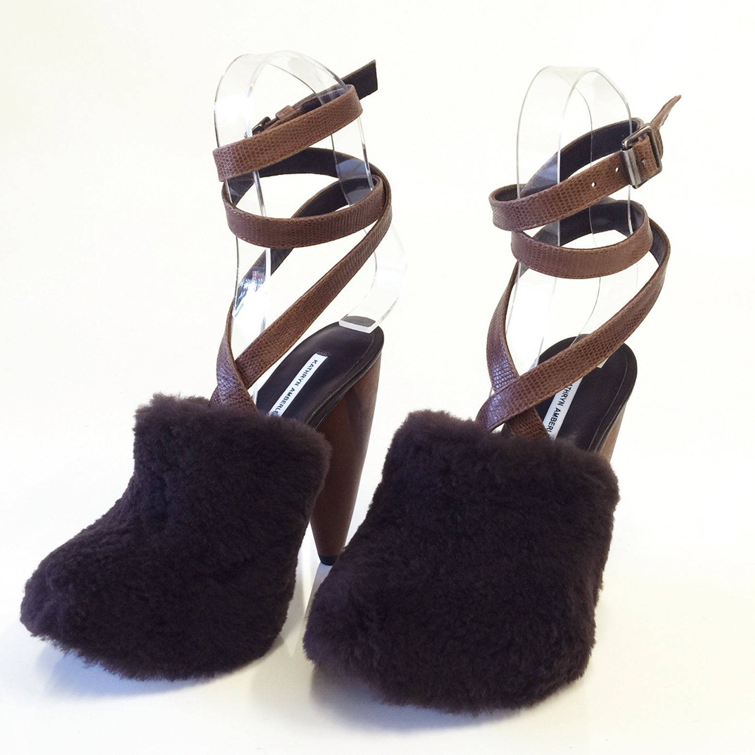 K608 fur heels; brown and tan lizard
