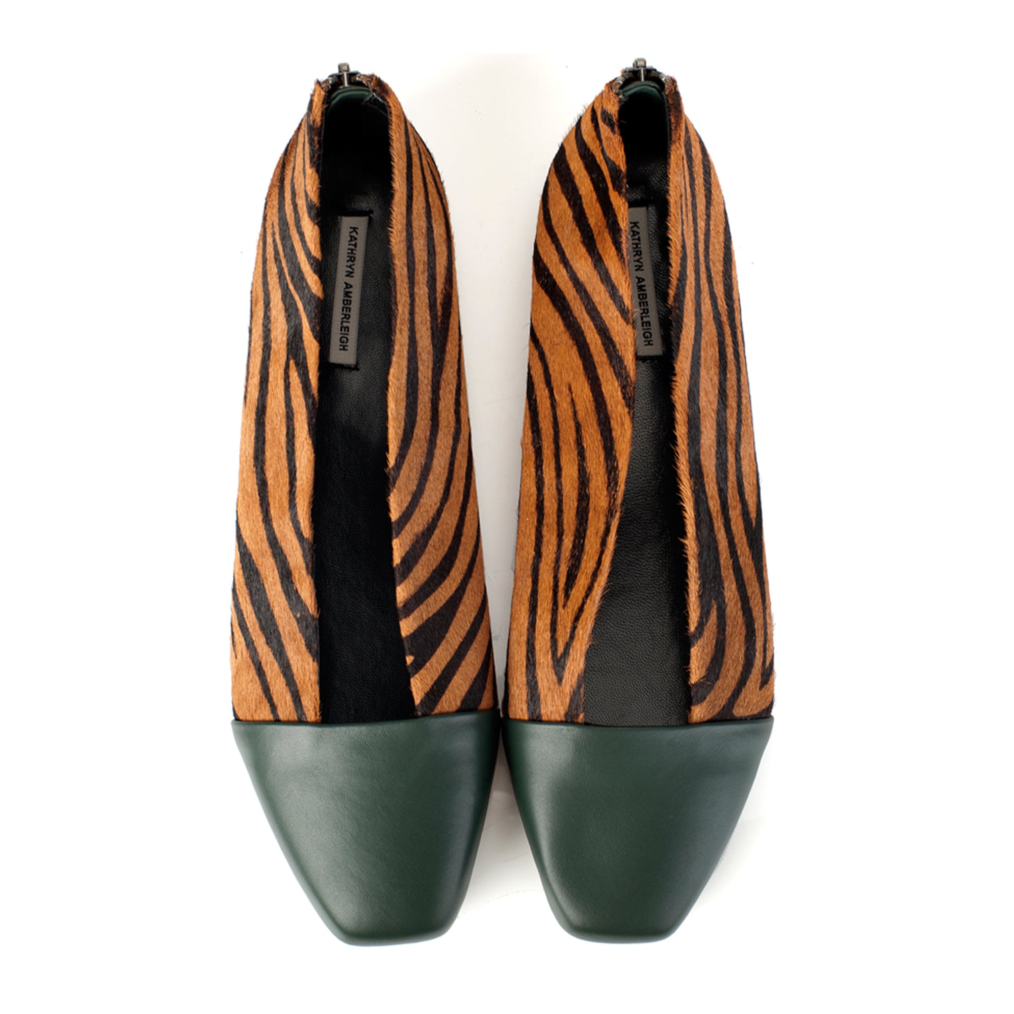 K622 leather loafers; green and tan zebra