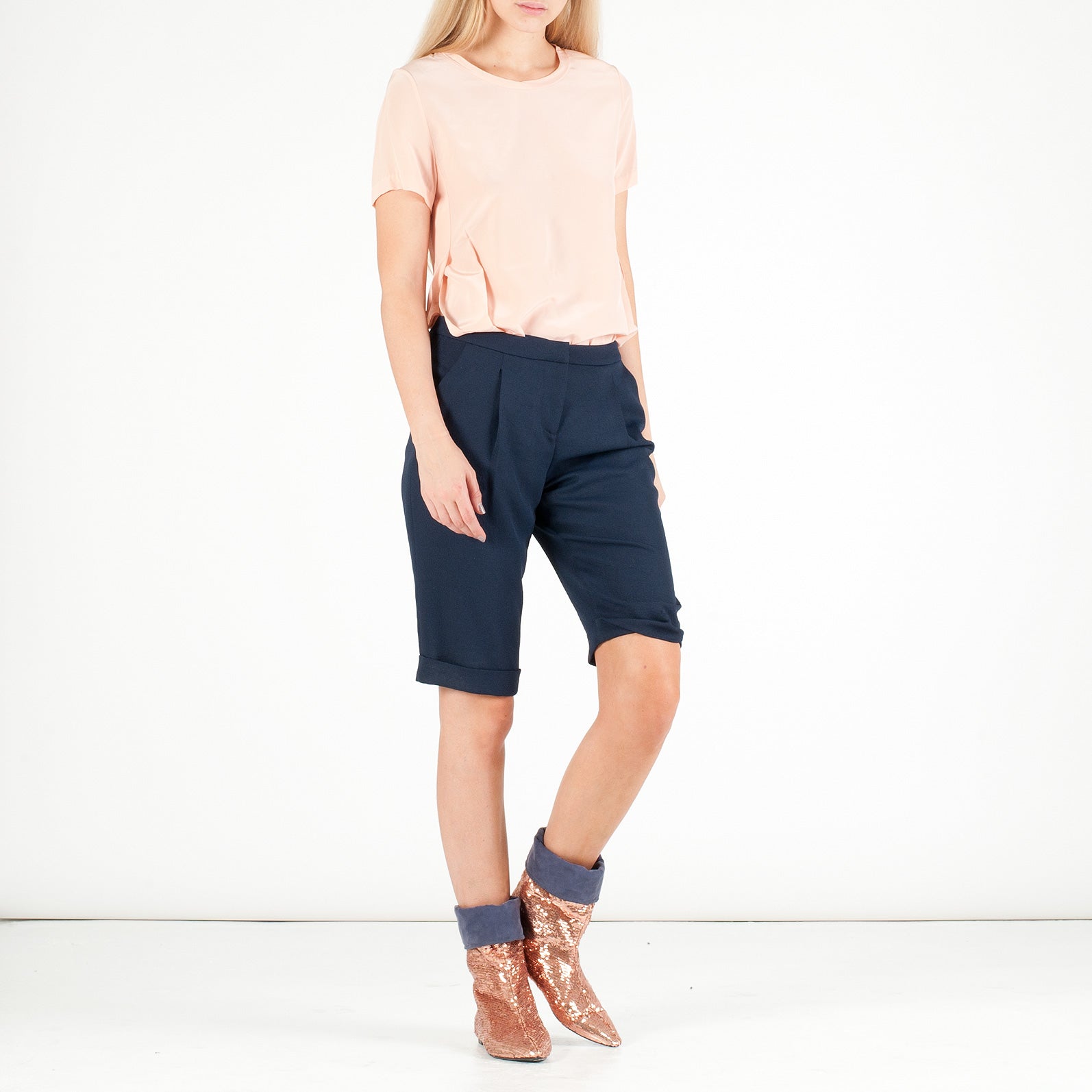 K683 sequin and silk boots; peach and navy